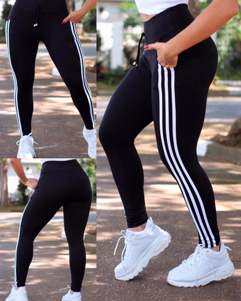 High Waist Striped Drawstring Pants