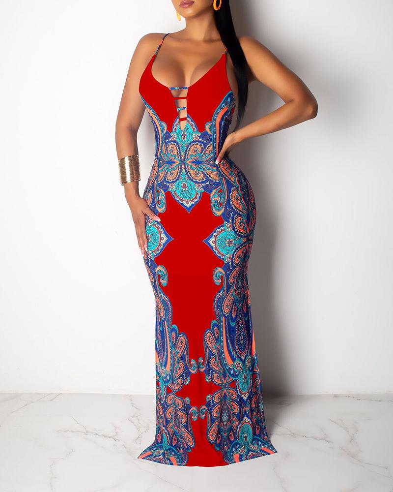 

Retro Print Cutout Crisscross Sleeveless Backless Evening Party Long Maxi Dress Spaghetti Strape Bandage Robes, Red