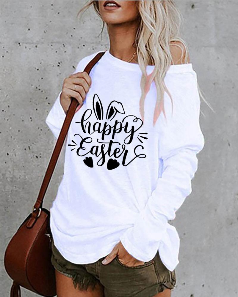 

Happy Easter Bunny Print Long Sleeve Top, White