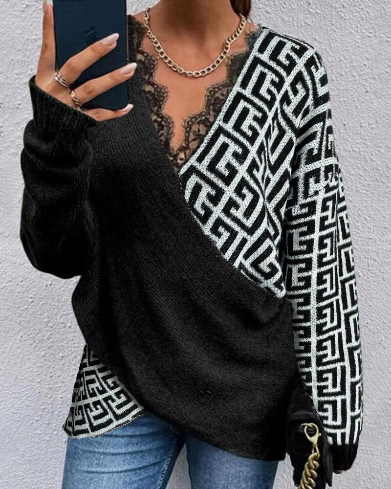 

Geo Pattern Contrast Lace Long Sleeve Wrap Sweater, Black