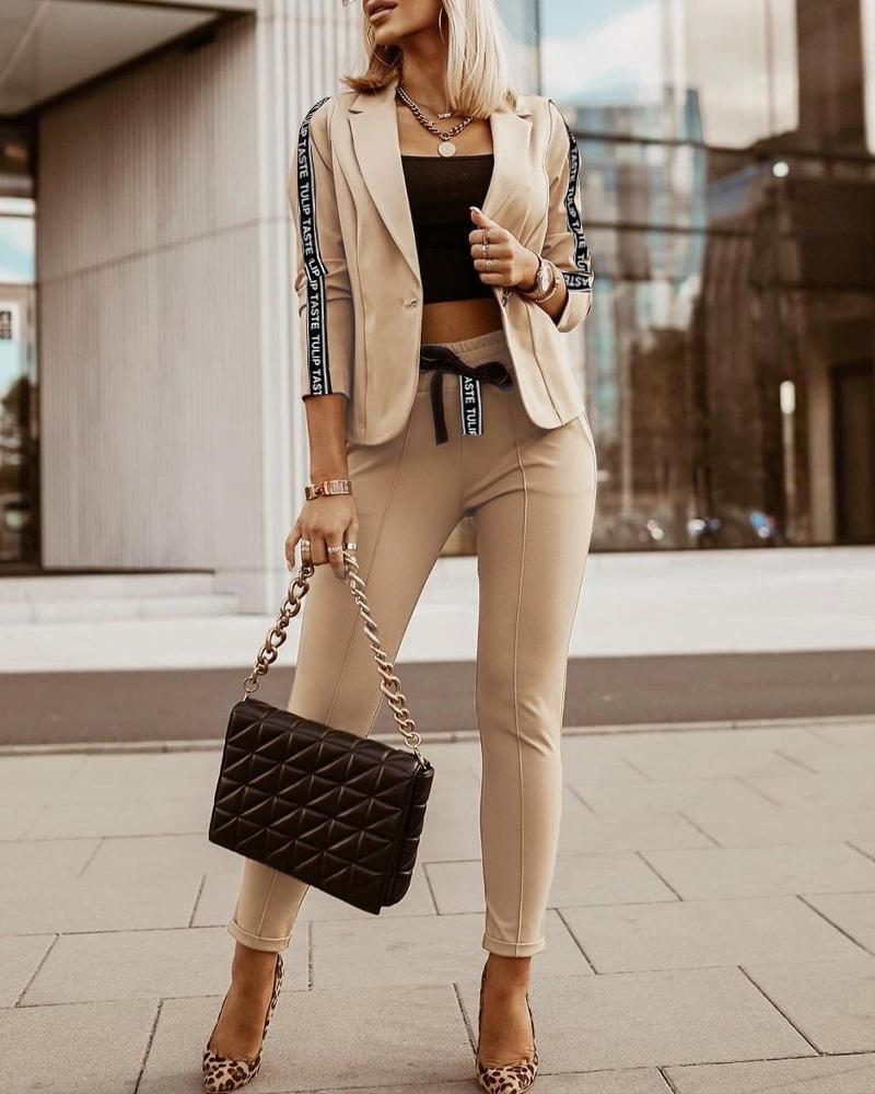 

Letter Tape Patch Single Button Blazer & Pants Set, Khaki
