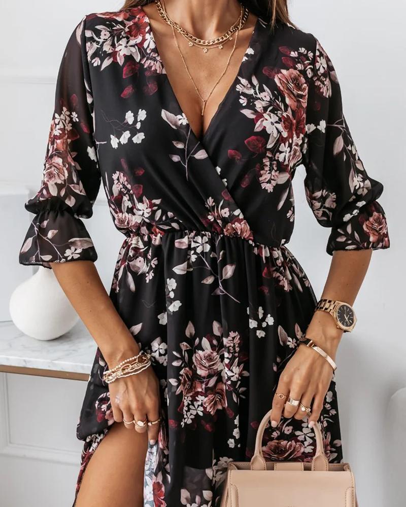 

Floral Print Bell Sleeve Slit Wrap Dress, Black