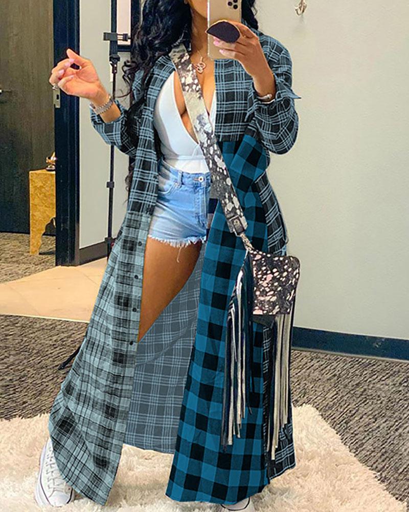 

Plaid Print Long Sleeve Longline Coat, Blue