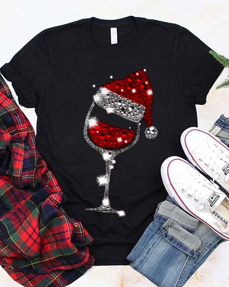 

Christmas Short Sleeve Wineglass Hat Print T-Shirt, Black