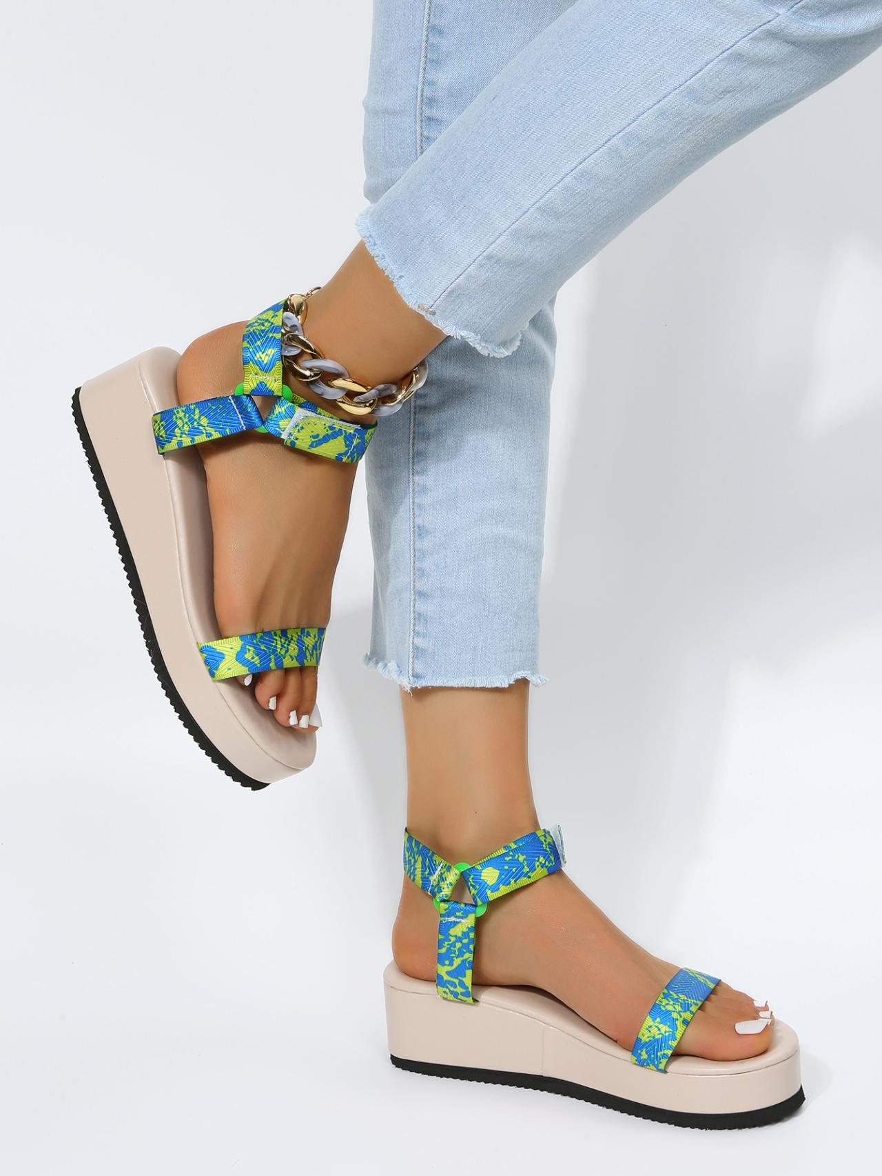 

Abstract Print Round Toe Platform Sandals, Beige