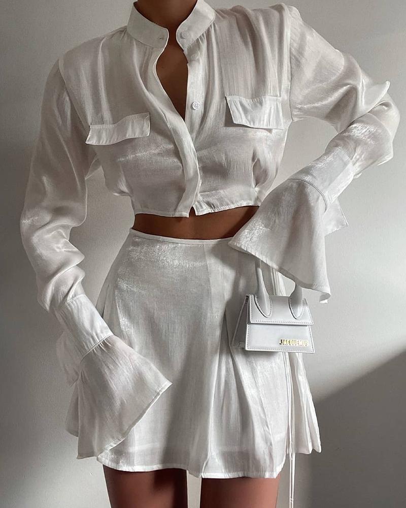 

Flap Detail Flounce Sleeve Button Up Crop Top & Mini Skirt Set, White