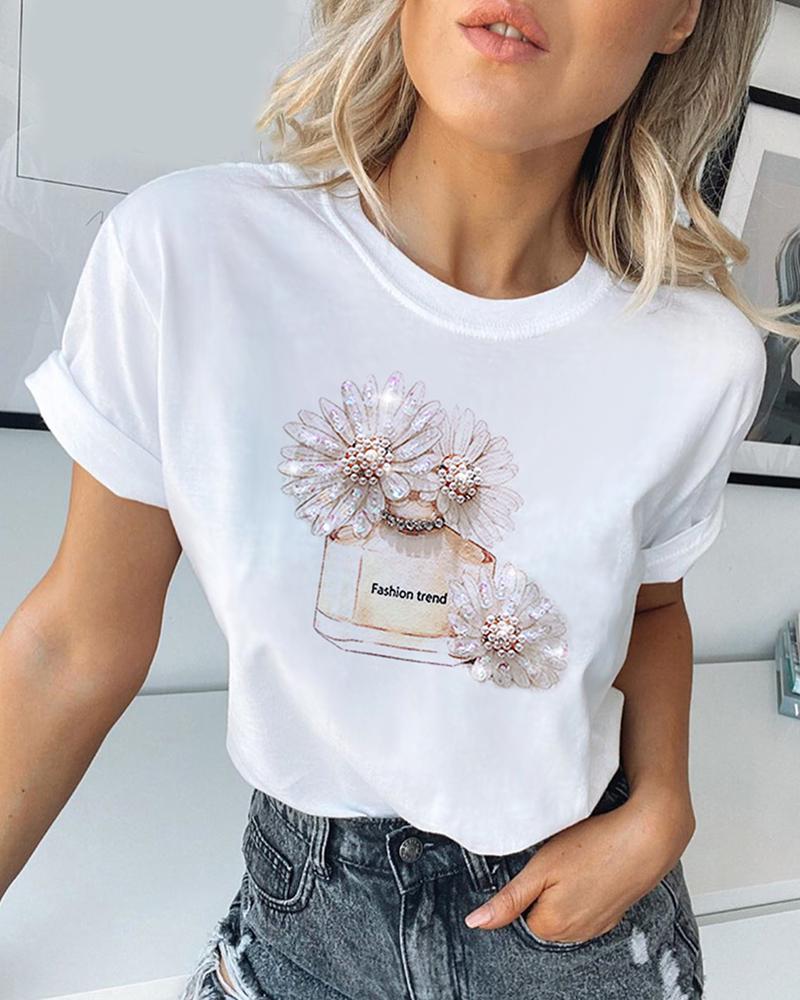 Print Studded Beaded Casual T-shirt