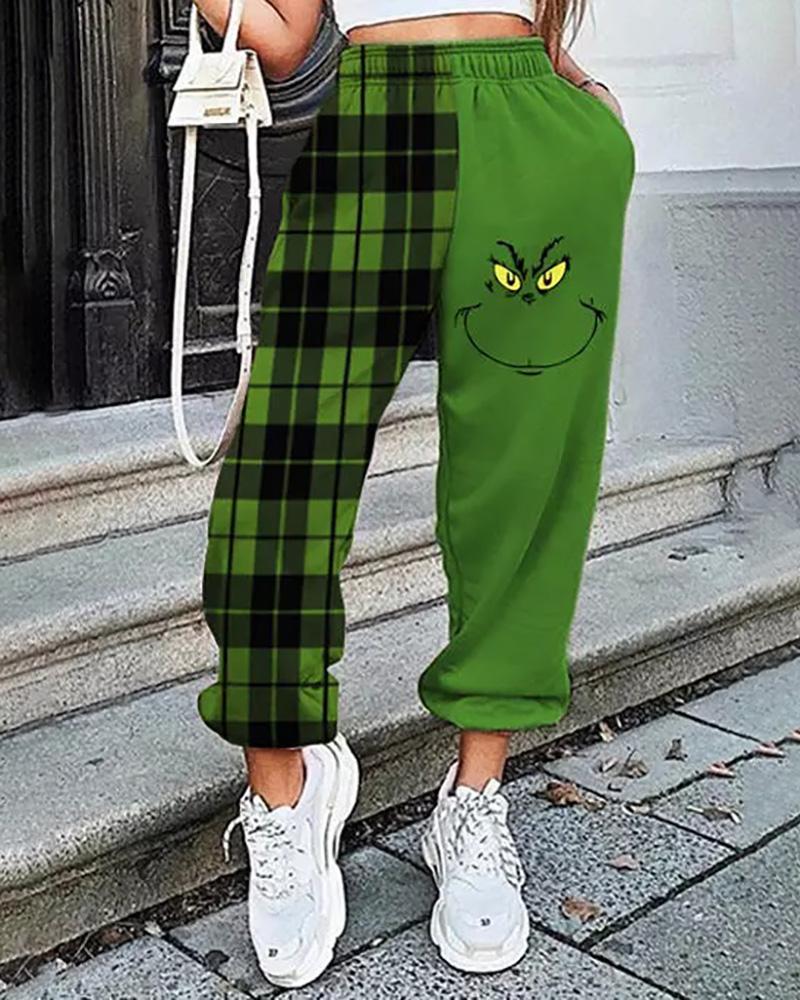 

Christmas Pocket Design Grinches Plaid Print Pants, Green