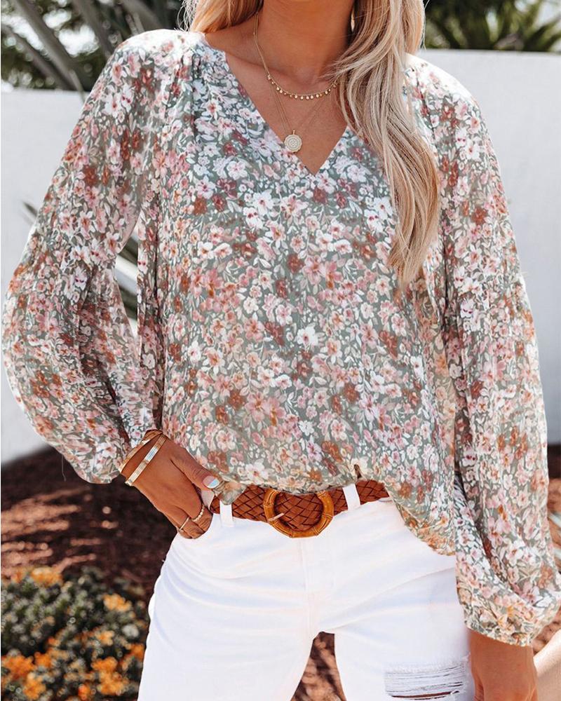 

Floral Print Lantern Sleeve Chiffon Top, Khaki