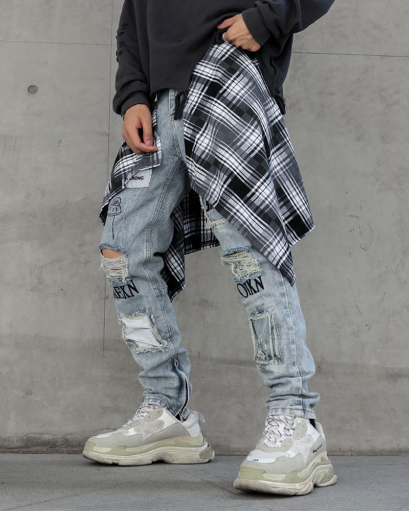 

Cartoon & Letter Print Burrs Ripped Jeans, Blue