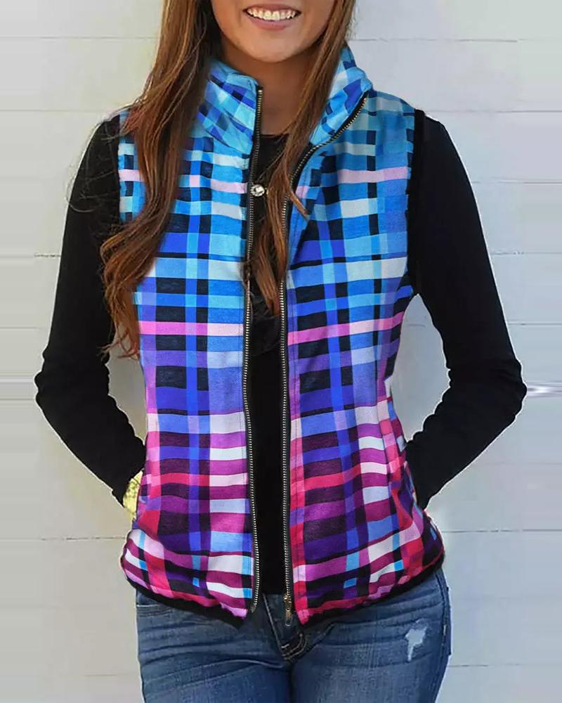 

Plaid Print Zip Up Gilet Puffer Jacket, Multicolor