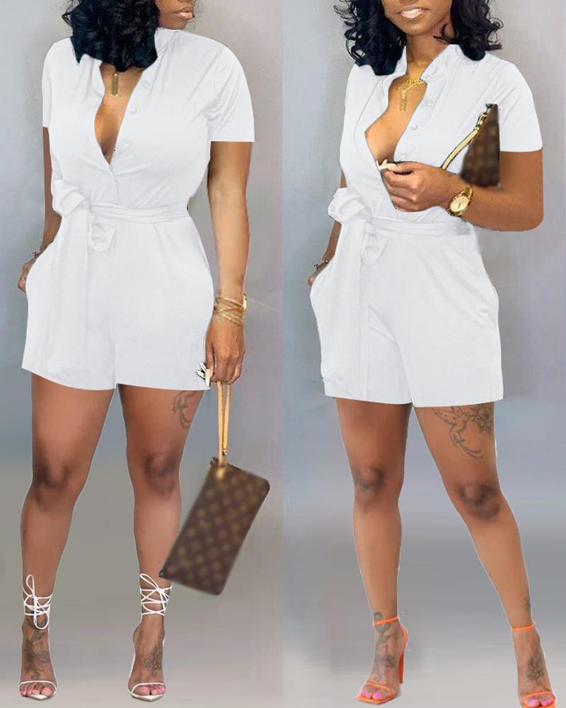 

Short Sleeve Button Front Belted Romper, White