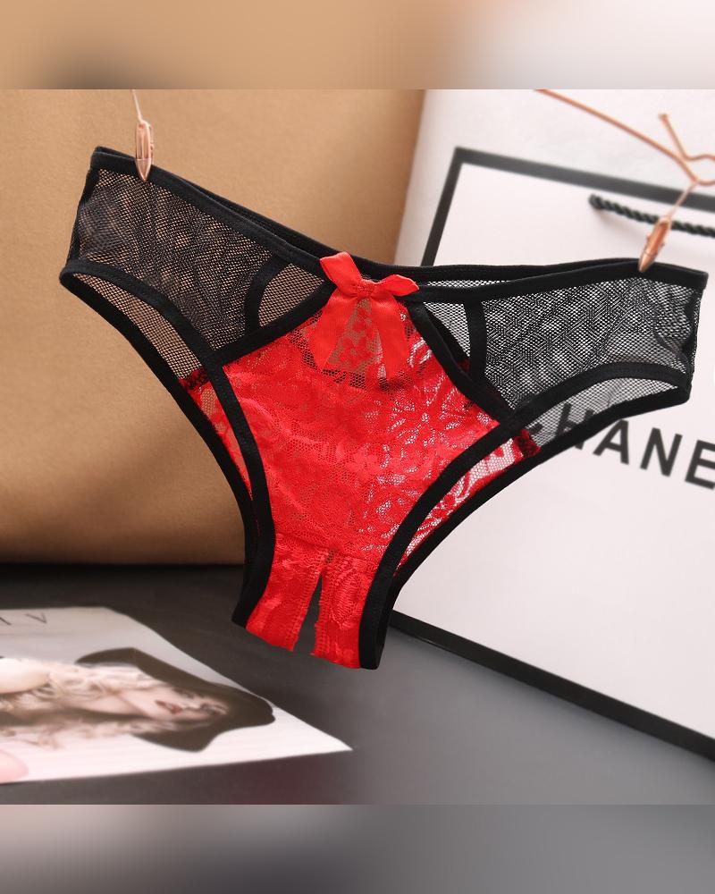 

Sexy See-through Color Block Lace Mesh Skinny Thong Panties, Red