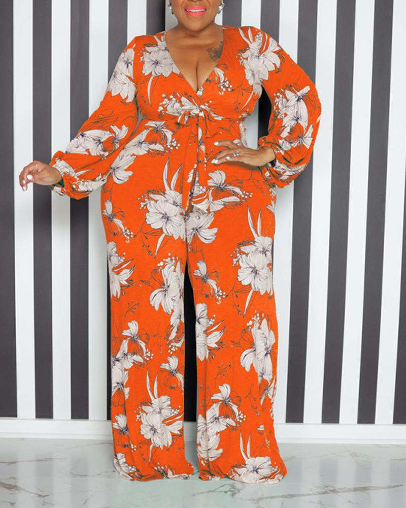 

Plus Size Floral Print Long Sleeve Belted Jumpsuit, Orange