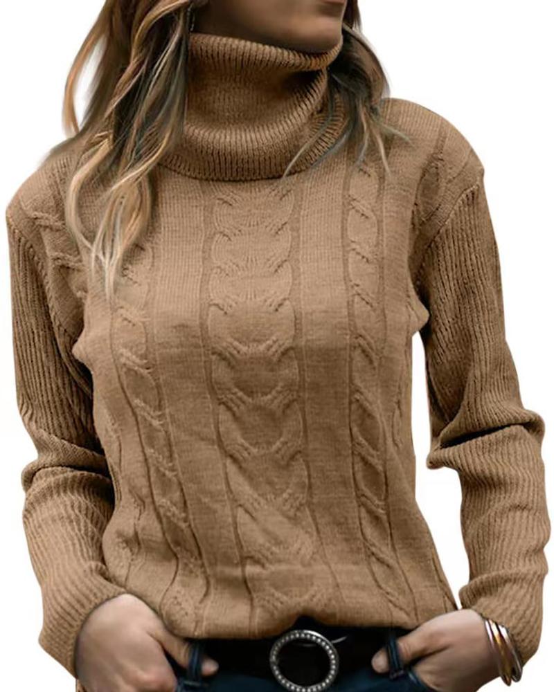 

Long Sleeve Turtleneck Cable Knit Sweater, Khaki