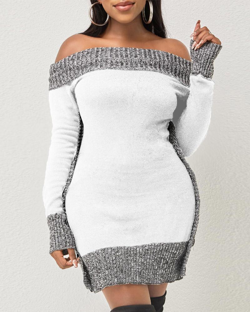 

Colorblock Off Shoulder Button Decor Sweater, White