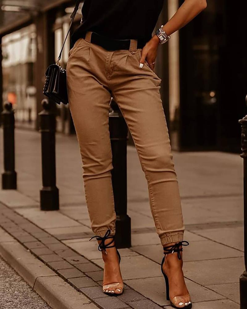 

Pocket Design High Waist Casual Pants Without Belt, Khaki