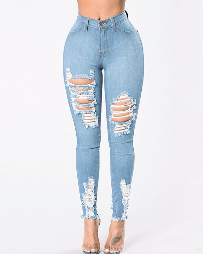 

Stretchy High Waist Ripped Raw Hem Skinny Jeans, Lighted blue