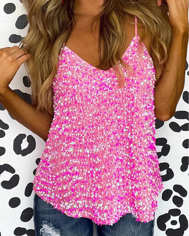 

V-Neck Allover Sequin Cami Top, Pink