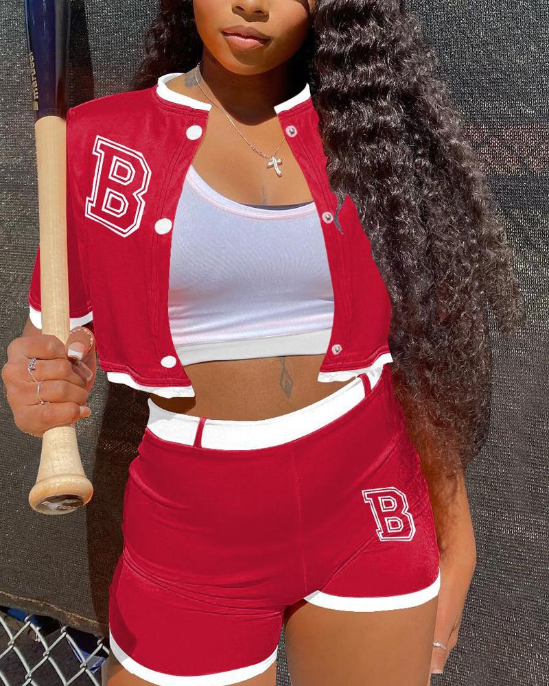 

Letter Pattern Contrast Binding Buttoned Top & Shorts Set, Red