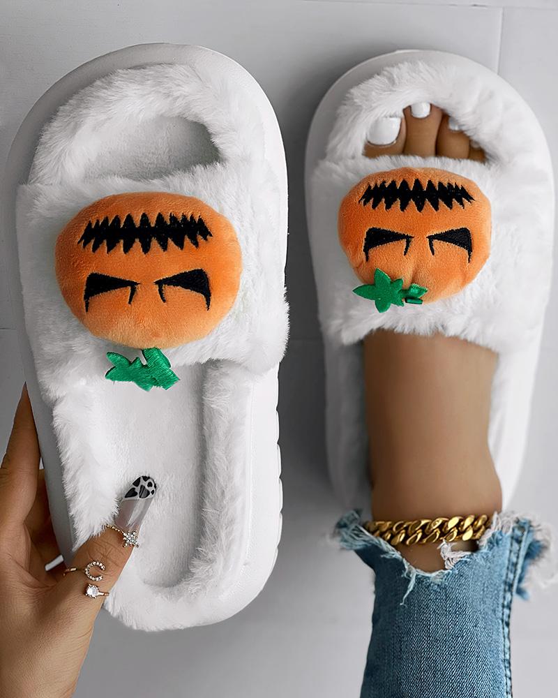 

Halloween Pumpkin Pattern Fuzzy Slippers, White