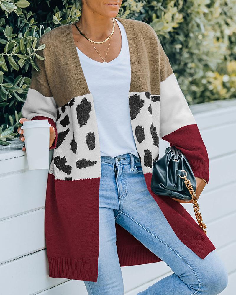 

Cheetah Pattern Colorblock Long Sleeve Knit Cardigan, Khaki