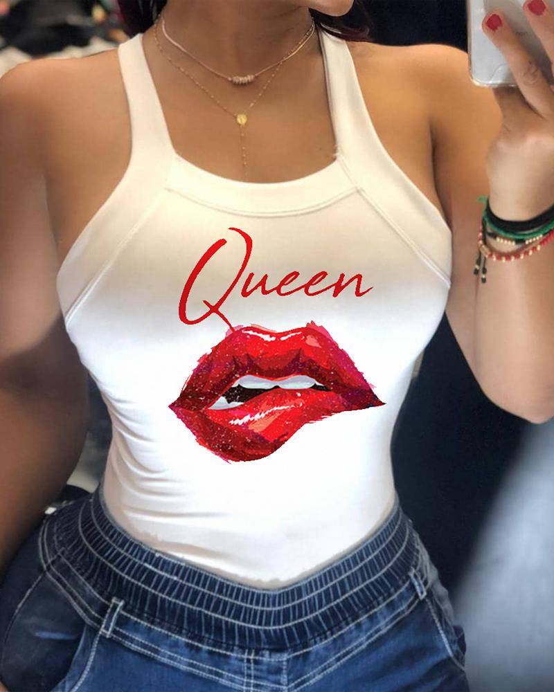 

Lip Letter Print Bowknot Decor Tank Top, White
