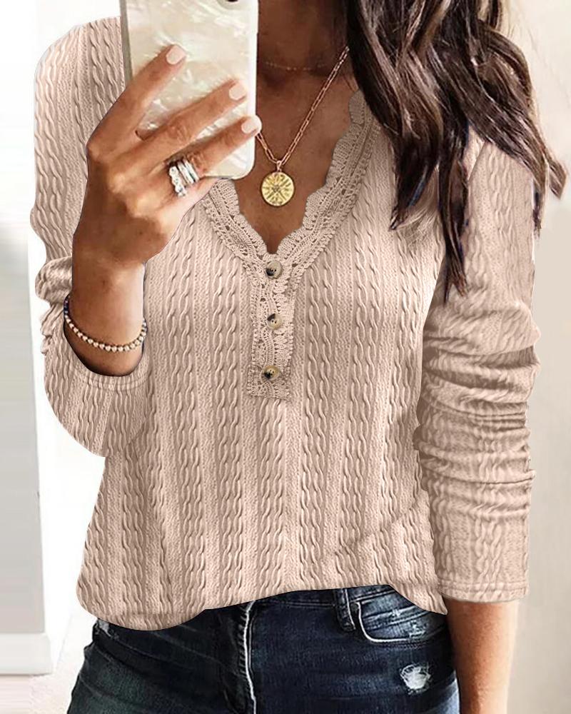 

Contrast Lace Button Front Long Sleeve Top, Apricot