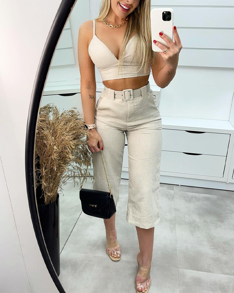 

Crop Cami Top & Capris Pants Set With Belt, Apricot