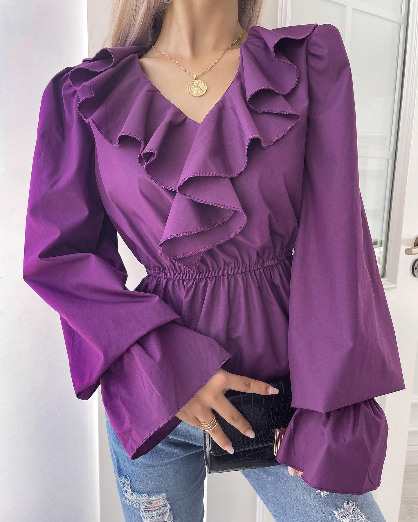 

Ruffles Bell Sleeve V-Neck Top, Dark purple