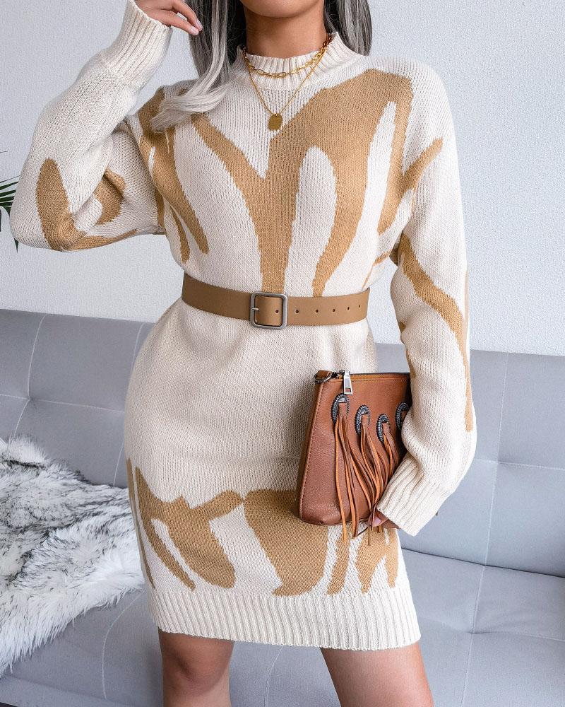 

Geometric Pattern Long Sleeve Sweater Dress, Yellow