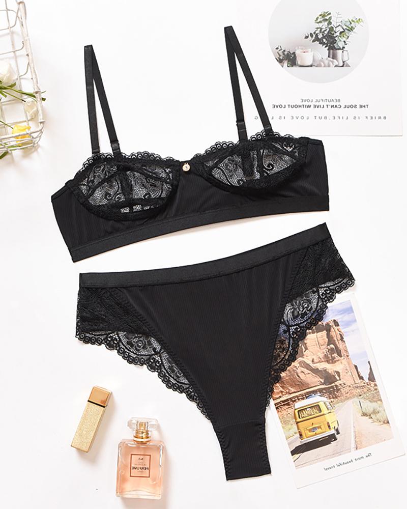 

Crochet Lace Insert Spaghetti Strap Bra Set, Black