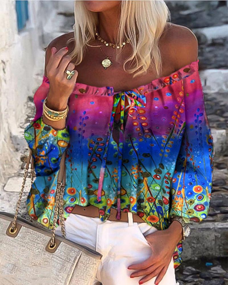 

Floral Print Colorblock Off the Shoulder Long Sleeve Blouse, Multicolor