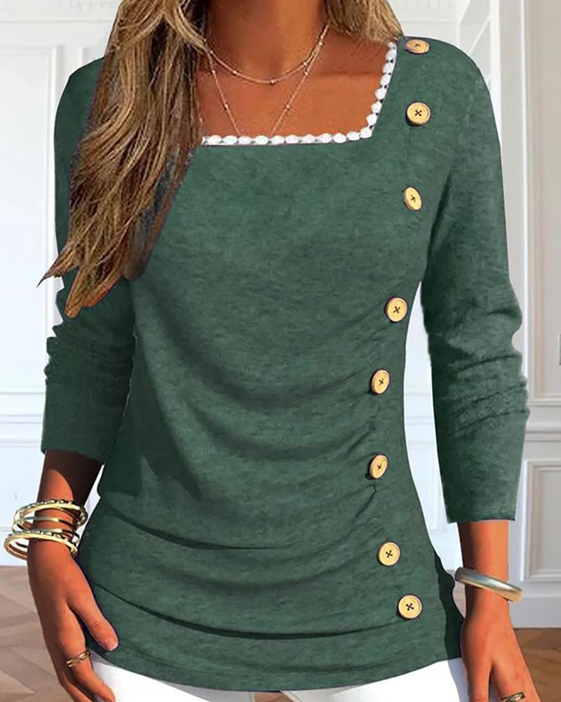 

Square Neck Side Button Ruched Top, Green