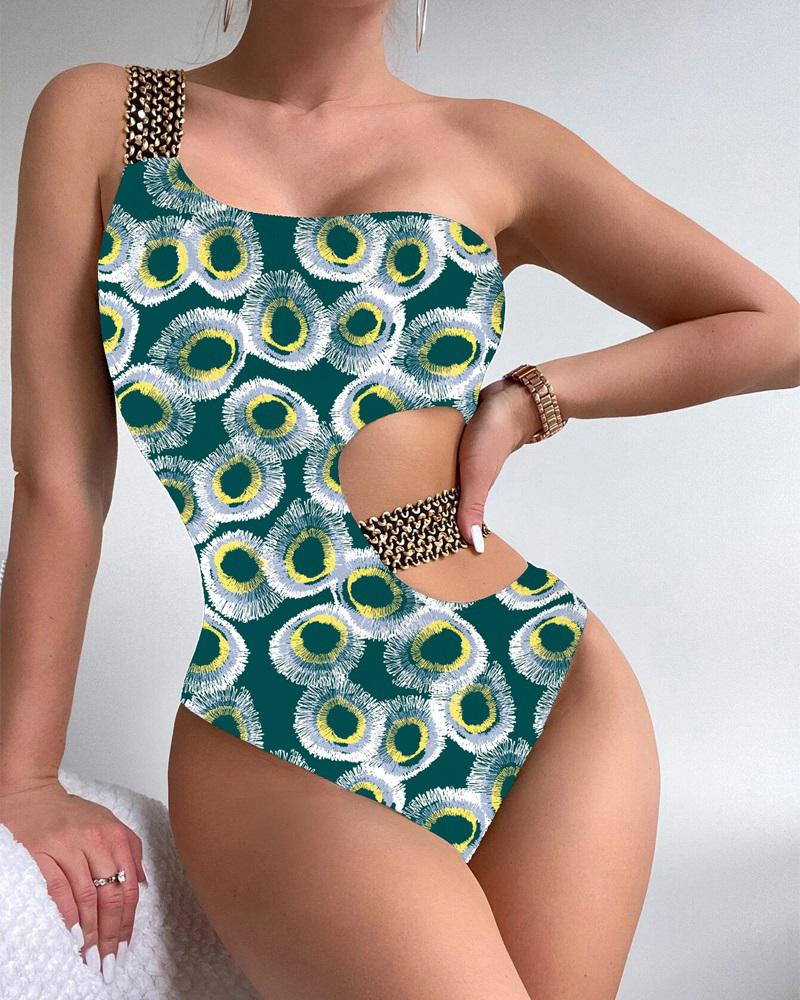 

Abstract Print Cutout One Piece Swimsuit, Green