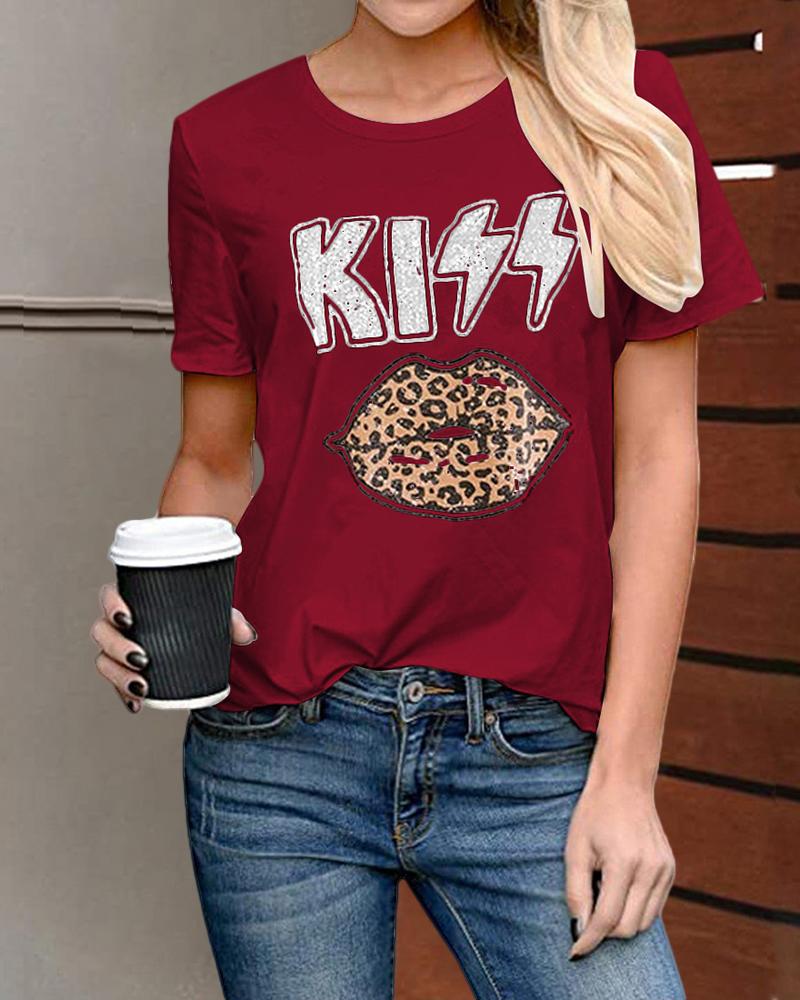 

Cheetah / Lip / Letter Print Casual T-shirt, Red