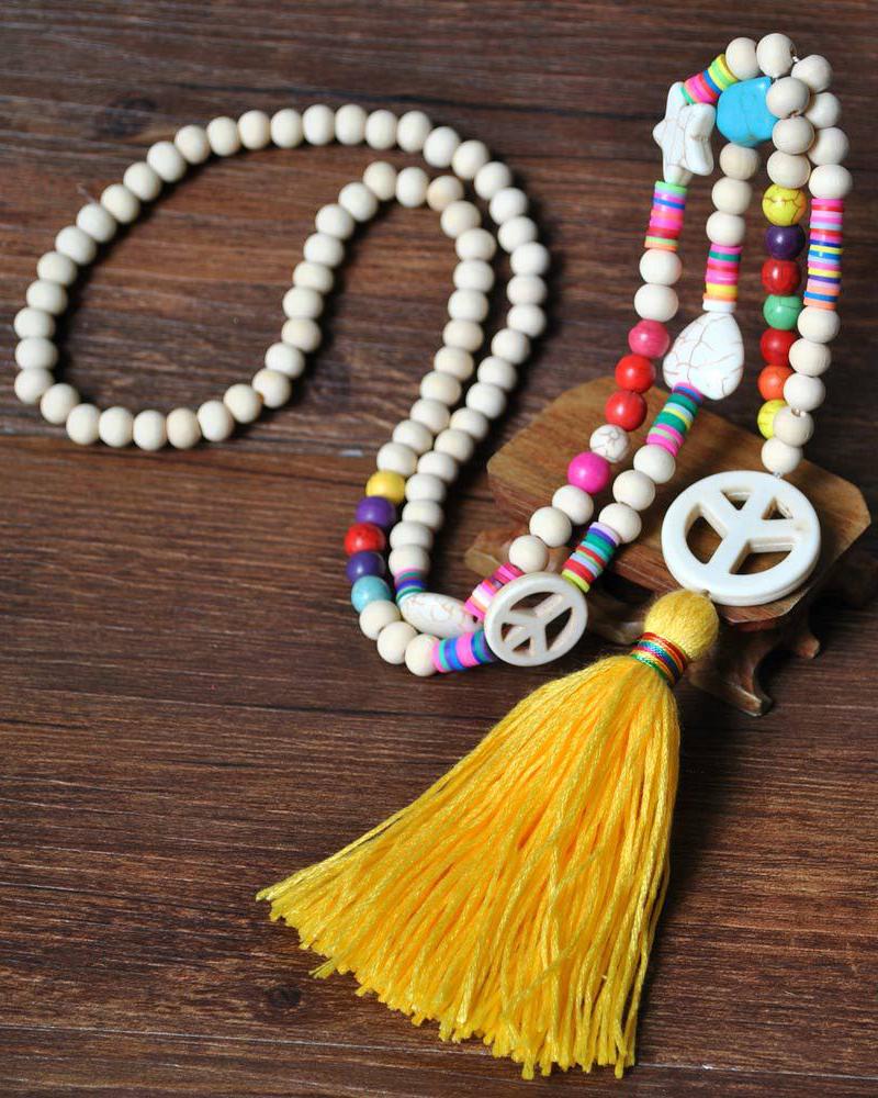 

1pc Beaded Tassel Design Pendant Necklace, Yellow