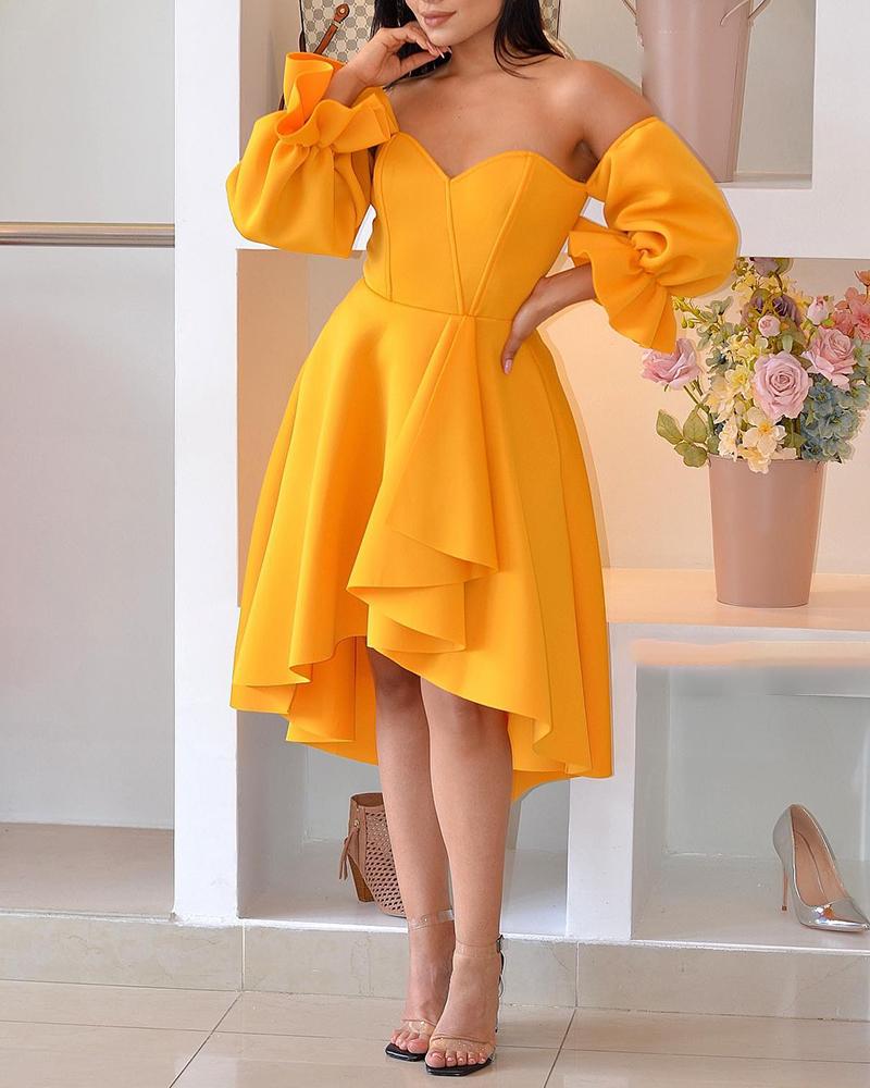 

Off Shoulder Bell Sleeve Ruffles Party Dress, Yellow