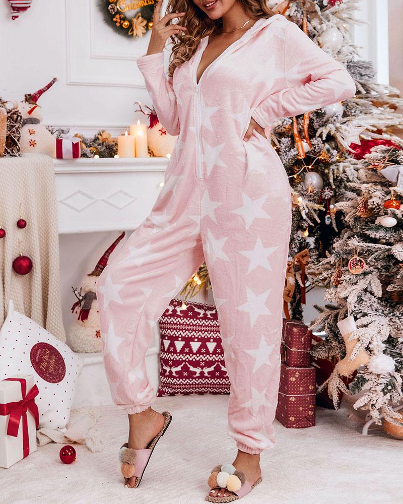 

Zipper Design Star Print Hooded Lounge Jumpsuit, Pink