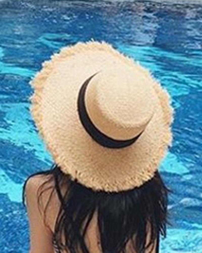 

Contrast Tape Wide Brim Raw Hem Straw Hat, Black