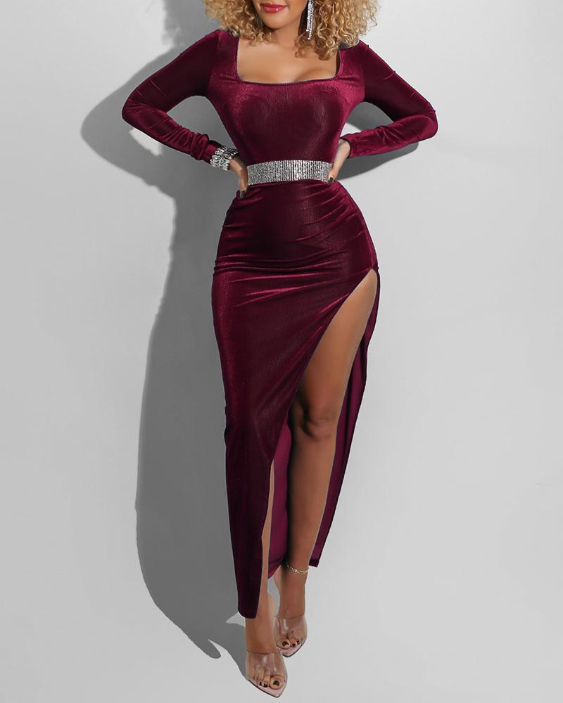 

Velvet Long Sleeve High Slit Evening Dress Without Belt, Wine red