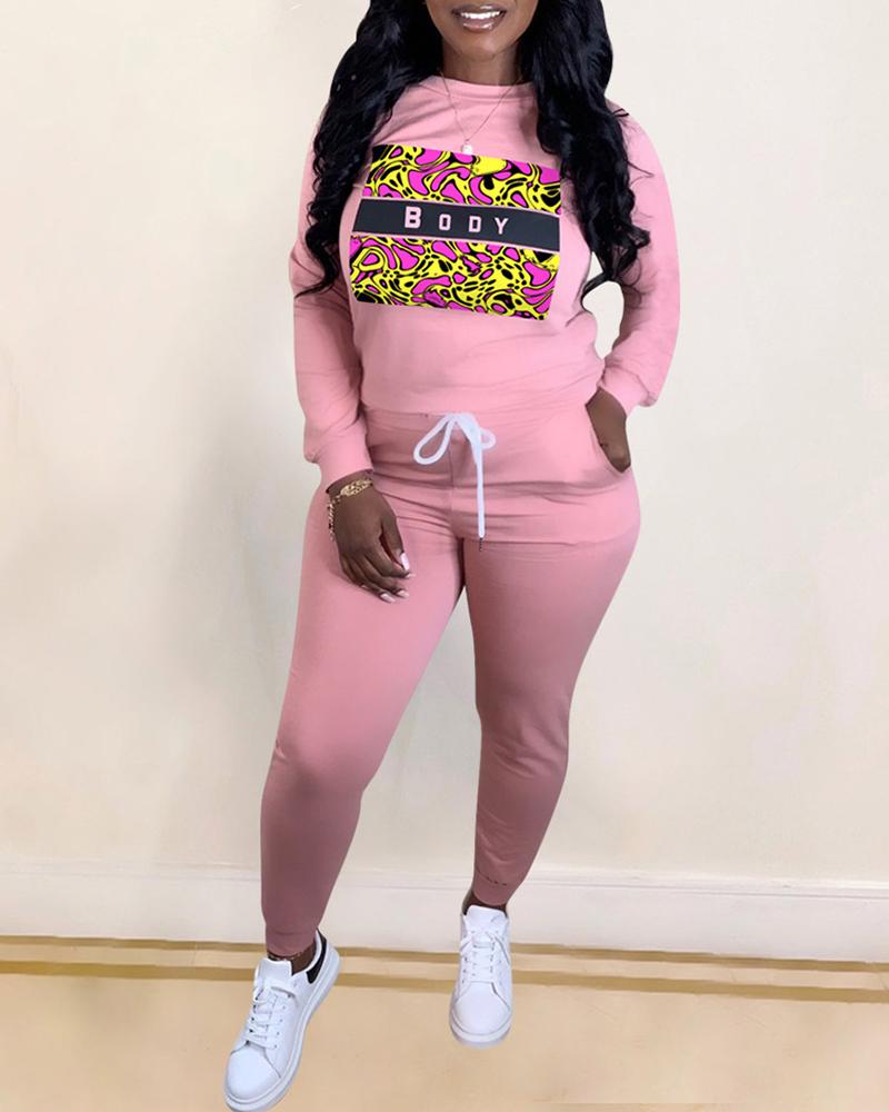 

Graphic Print Long Sleeve Sweatshirt & Drawstring Pants Set, Pink