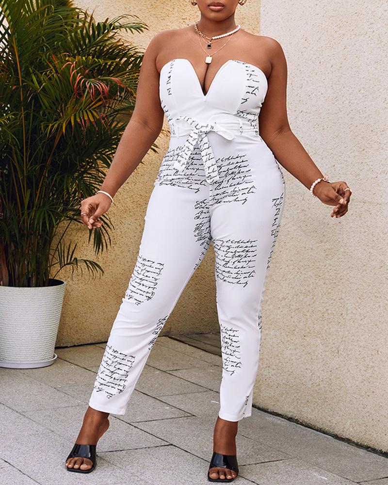 

Letter Print V-Cut Bandeau Jumpsuit With Belt, White