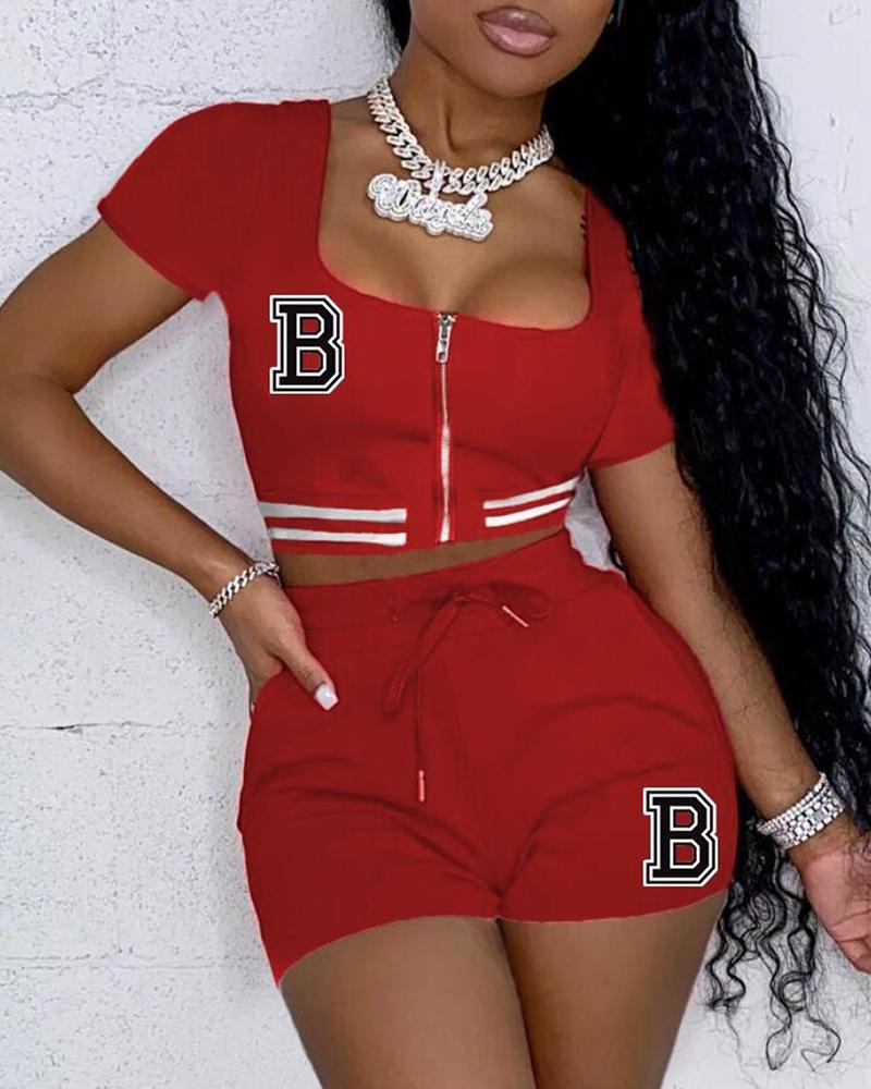 

Letter Pattern Zipper Design Top & High Waist Shorts Set, Red