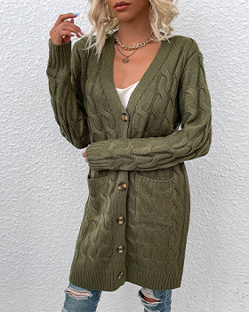

Long Sleeve Button Up Cable Knit Cardigan, Dark green