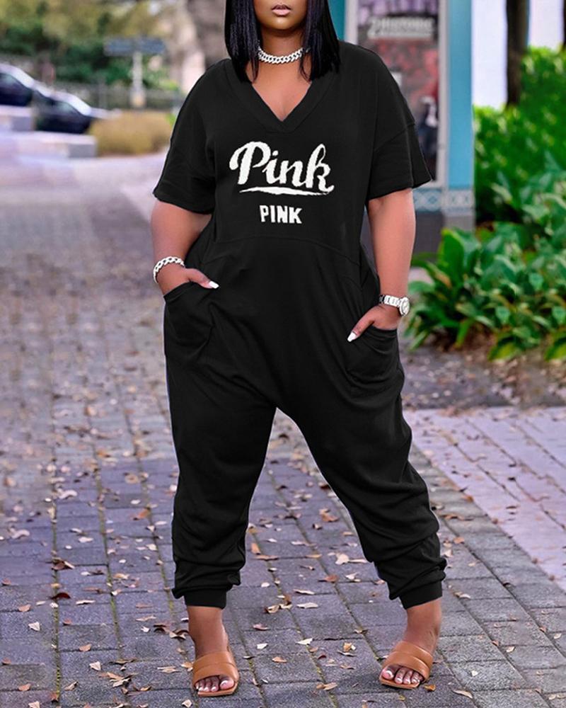

Letter Print V-Neck Short Sleeve Pocket Design Jumpsuit, Black