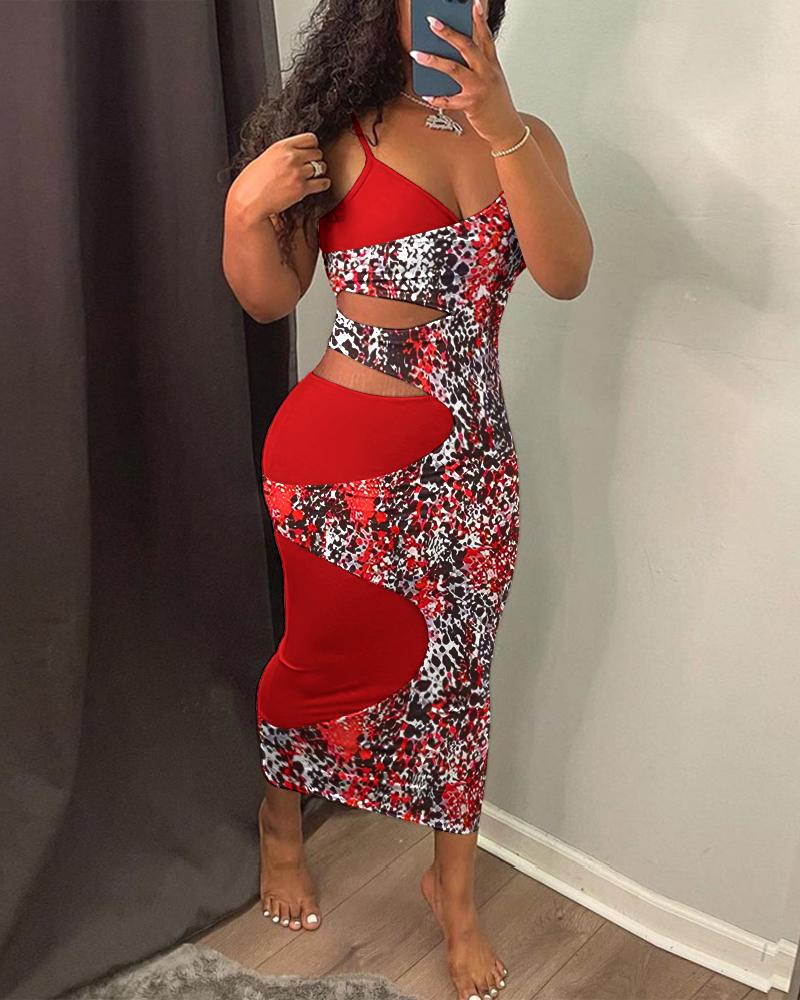 

Leopard Print Colorblock Patchwork Cutout Bodycon Dress, Red
