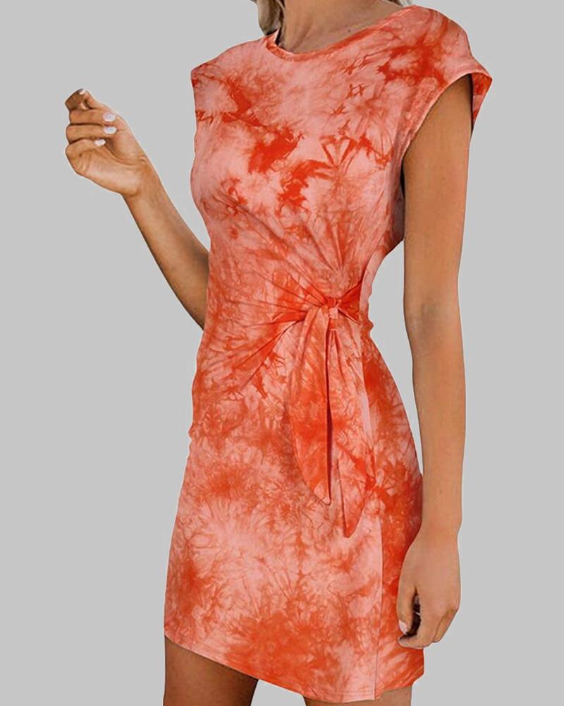 

Tie Dye Print Skinny Waist Short Sleeve Mini Dress, Orange