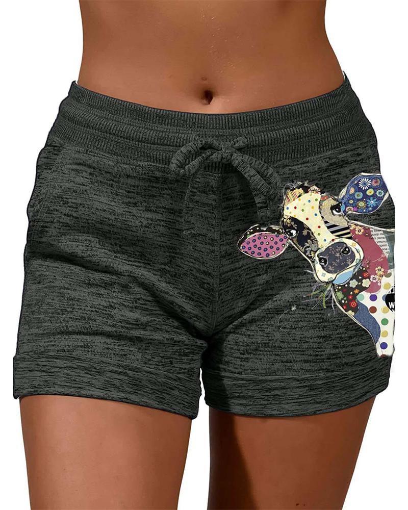 

Solid Color Splicing Cartoon Animal Print Drawstring Short Pants, Black