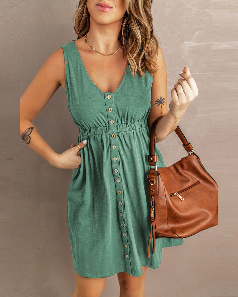 

Button Front Sleeveless V-Neck Casual Dress, Green